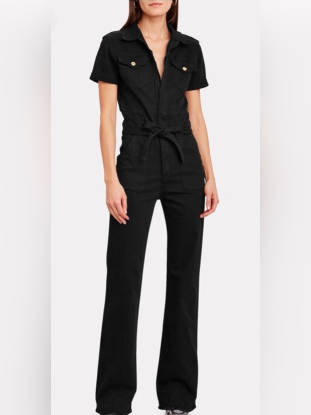 Frame Premium Black Denim Short-Sleeve Utility Jumpsuit Sz S Edgy Chic Minimal - Picture 2 of 8